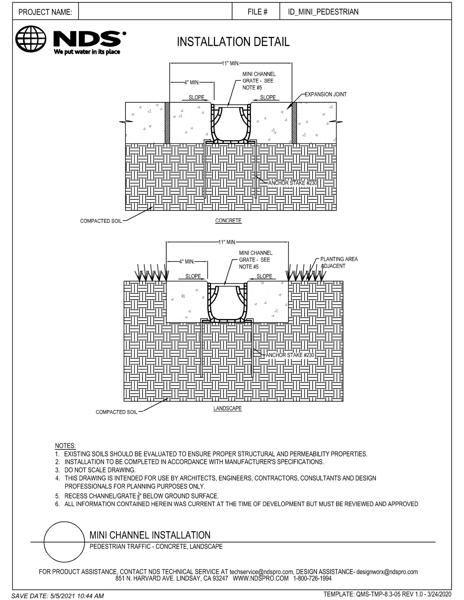 NDS Mini™ Channel Drains & Grates Pedestrian Installation Detail