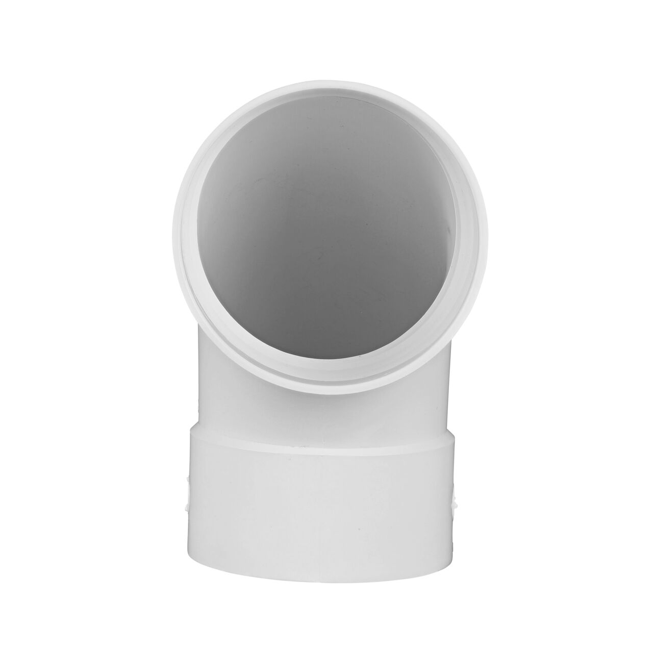 Side view of the opening of the PVC 90° long-turn elbow, which connects 6 in. Sewer and Drain pipes, Hub X Hub connection (NDS 61P0)