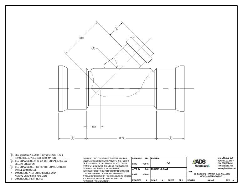 6 x 4 N-12 Dual Wall Wye with Gasketed SWR Bell Nyloplast Detail