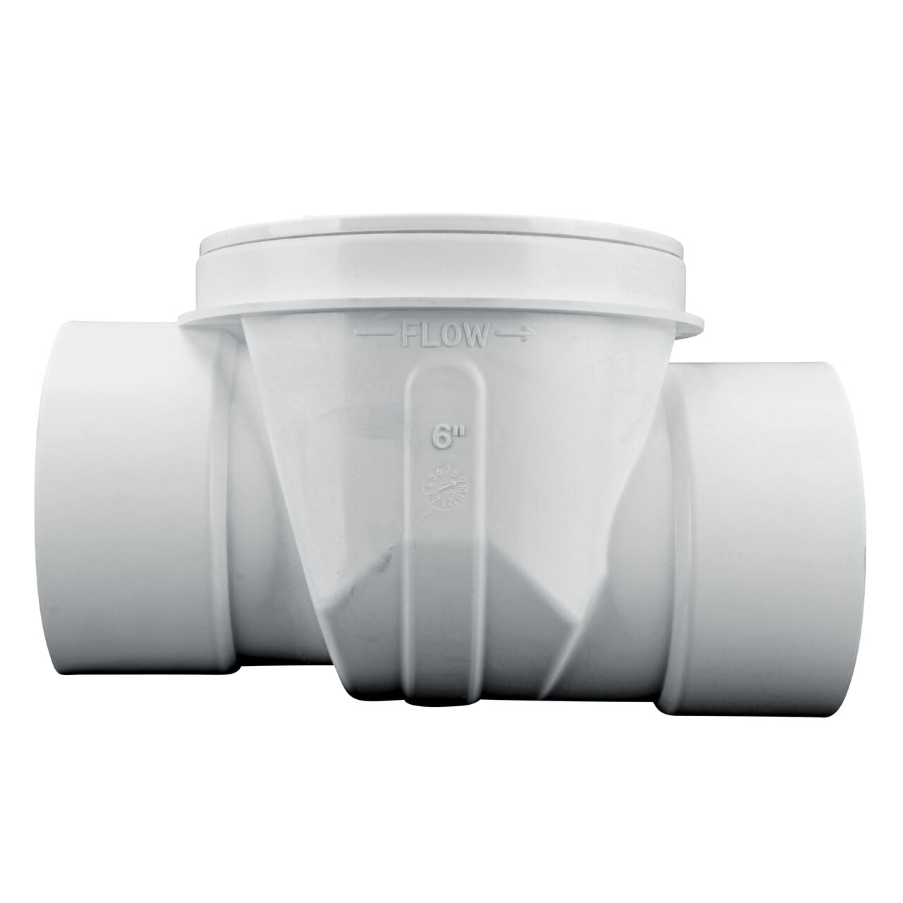 Side view of the NDS White 6 in. PVC Backwater Valve (NDS 675P) shows the water flow direction with arrow