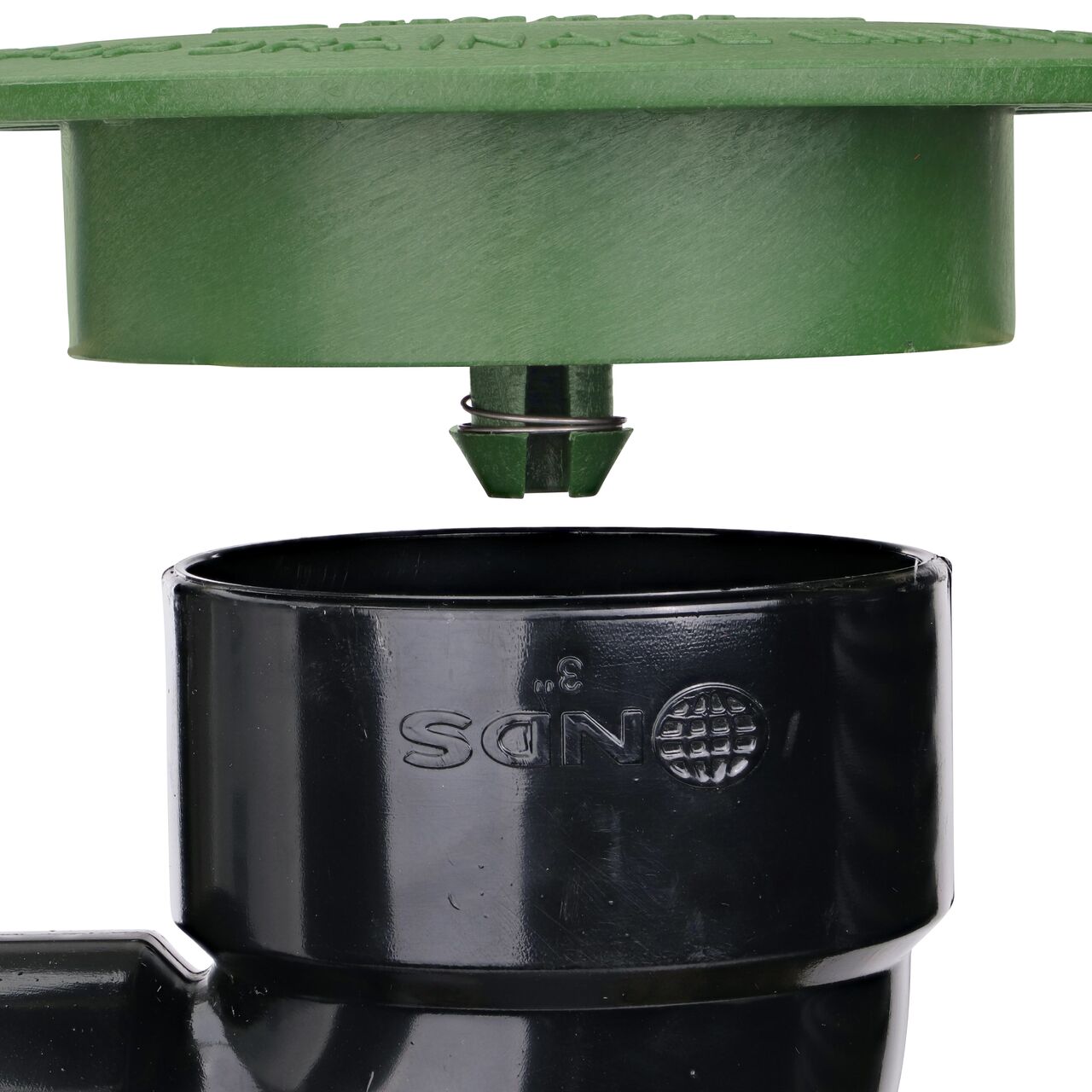 The 3 in. Pop-Up Drainage Emitter connects to the 3 in. Elbow (NDS 321) for a secure fit