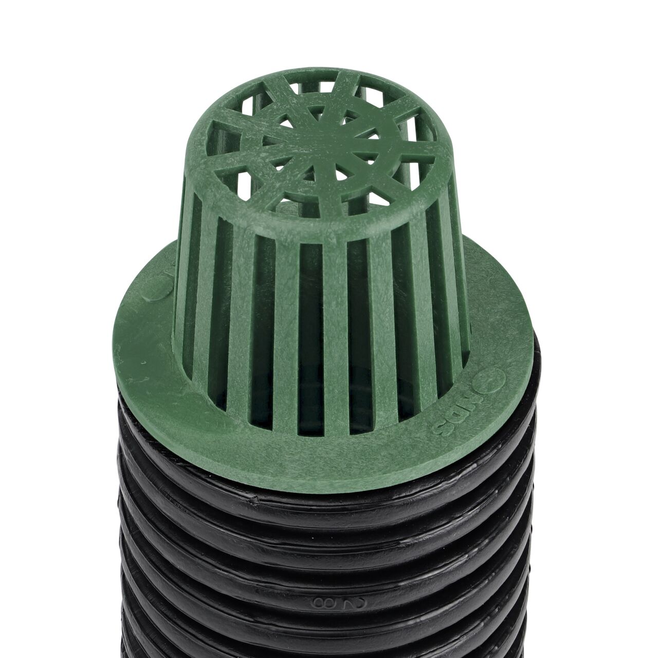 Bottom view of NDS  5 in. Pro Series Channel Drain featuring side ribs, stabilizing ribs, and built-in saw guide (NDS 864G*, NDS M864G, NDS 864GMTLRTL, NDS 864, NDS 800)
