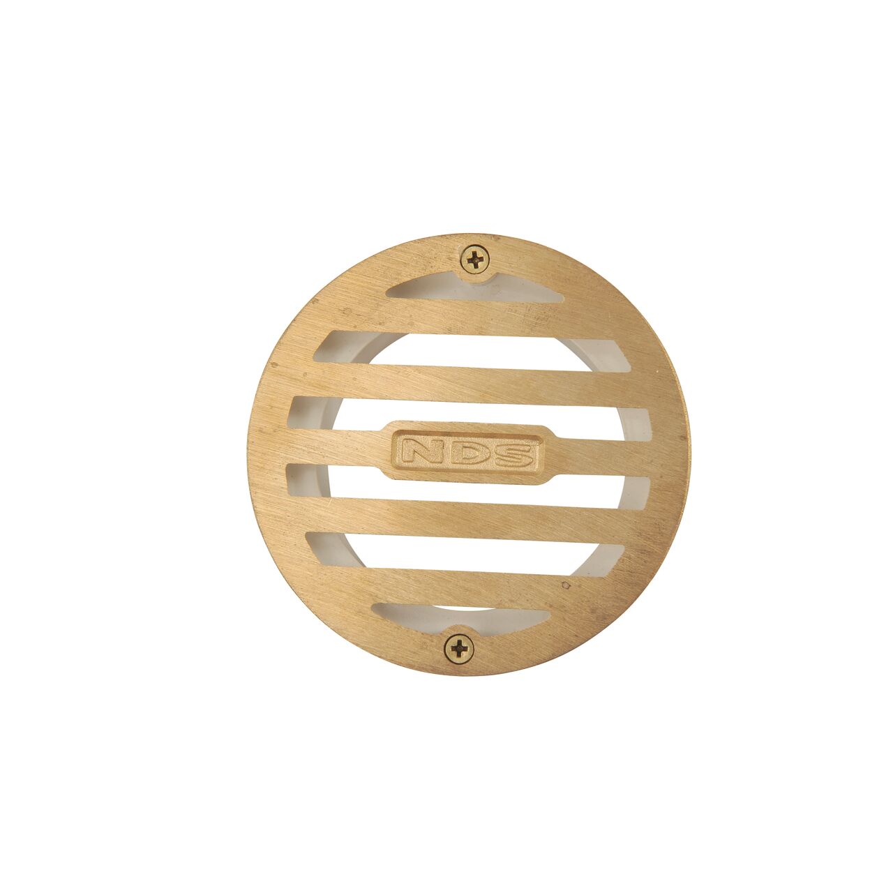 Top-down view of the NDS 3 in. Round Grate with Collar made of satin brass and plastic (NDS 909B*, NDS 909B)