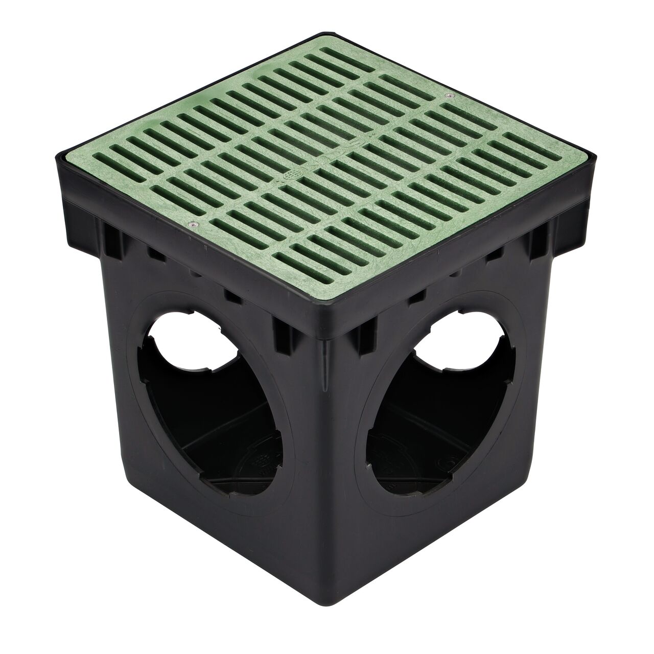 NDS black plastic 12 in. Catch Basin Drain with 4 Openings (NDS 1204) with a retail 12 in. Square Green Catch Basin Grate (NDS 1212) installed