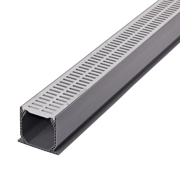 Partial view of Two Gray Plastic Mini Channel™ Drain Grates (NDS 541-1*, NDS 541) as they fit on one Mini Channel™ Drain (NDS 500)