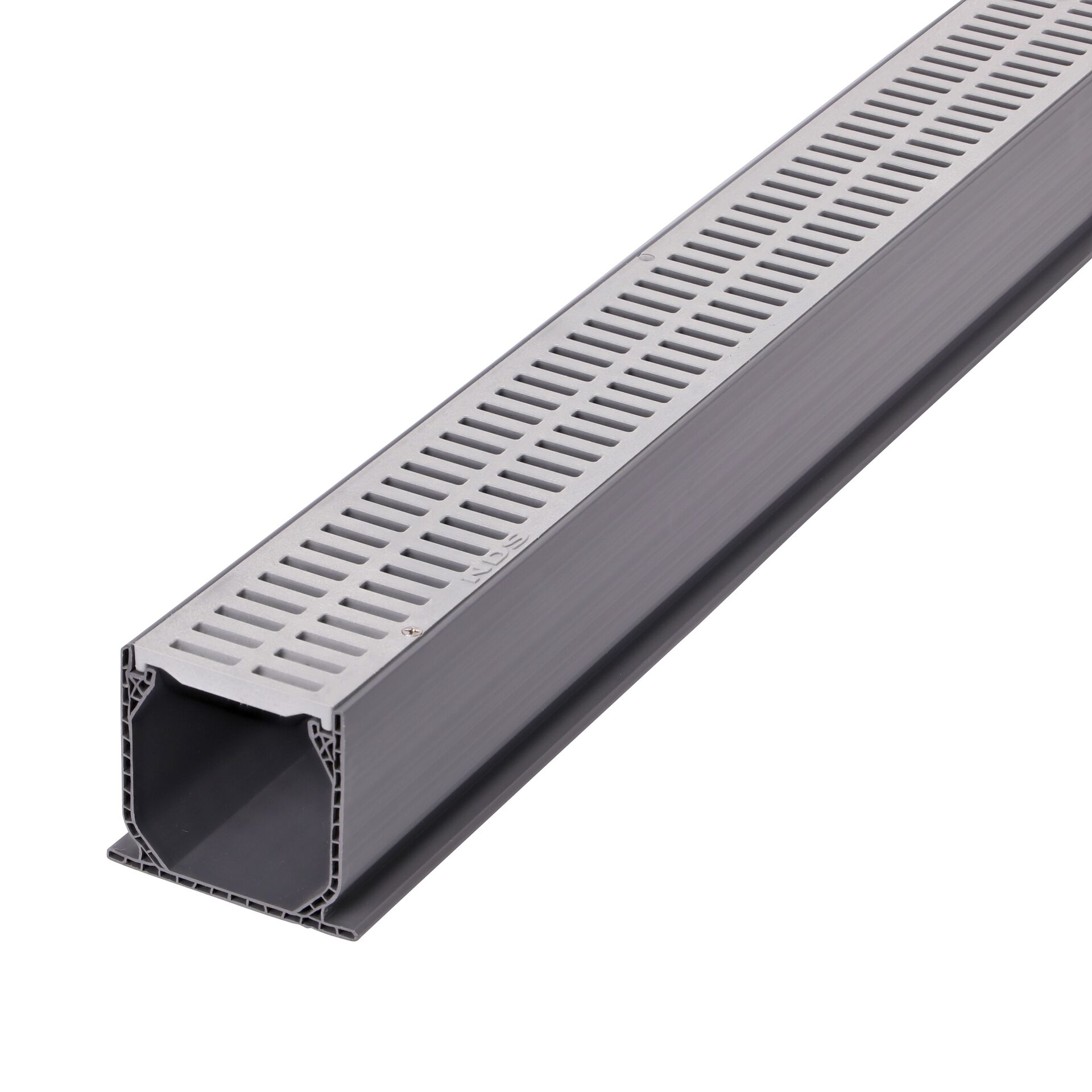 Partial view of Two Gray Plastic Mini Channel™ Drain Grates (NDS 541-1*, NDS 541) as they fit on one Mini Channel™ Drain (NDS 500)