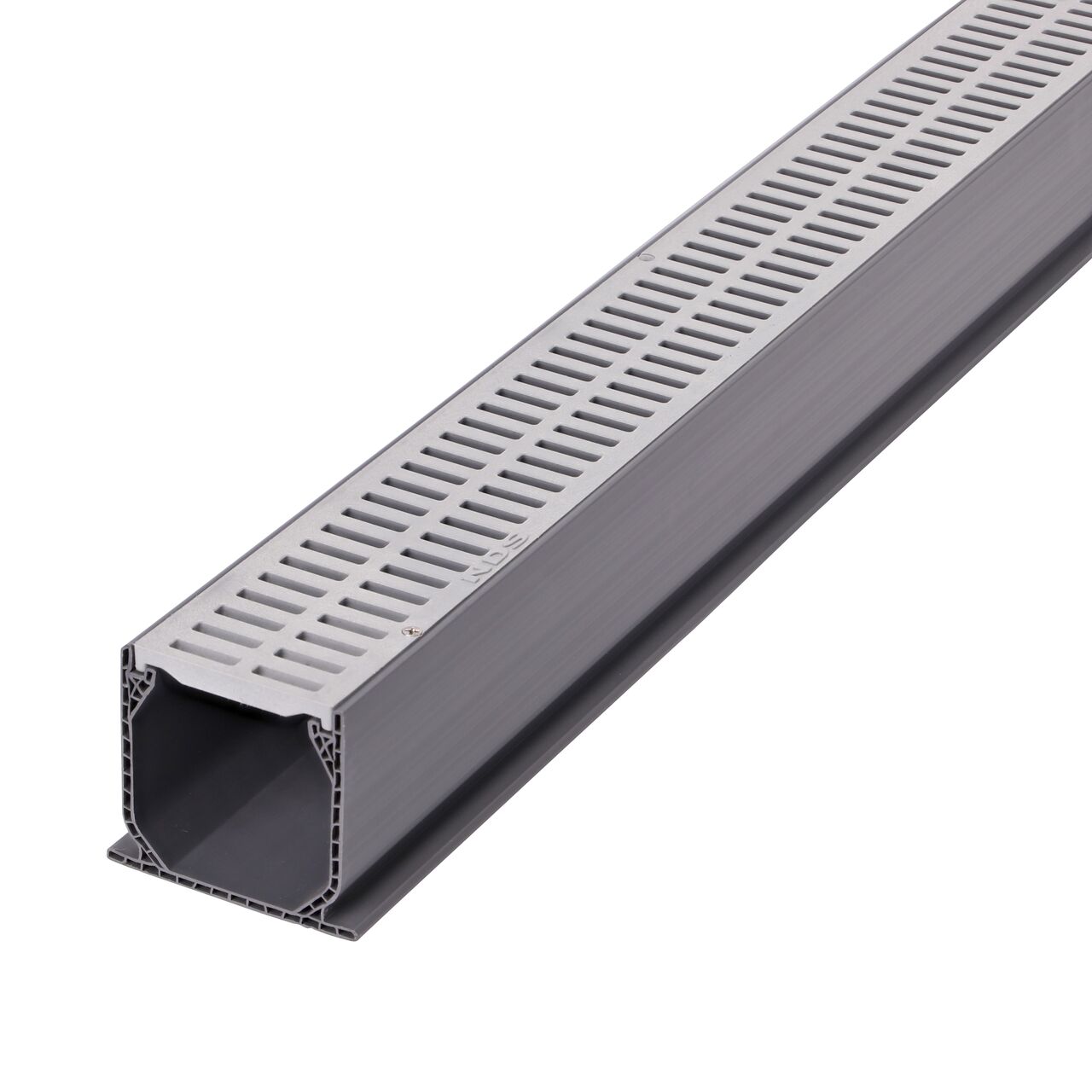 Partial view of Two Gray Plastic Mini Channel™ Drain Grates (NDS 541-1*, NDS 541) as they fit on one Mini Channel™ Drain (NDS 500)