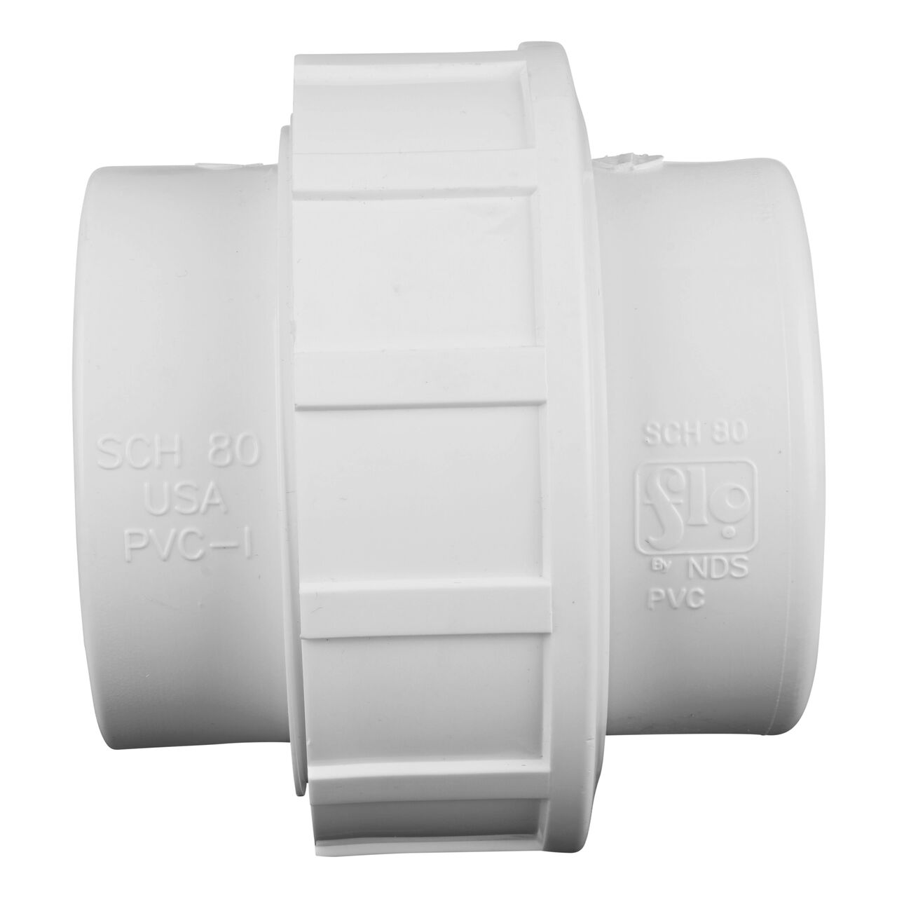 Side view of PVC Union, 2 in. Sch. 40 S X S showing two slip ends that slide onto Sch. 40 pipe ends (NDS WU-2000-S)
