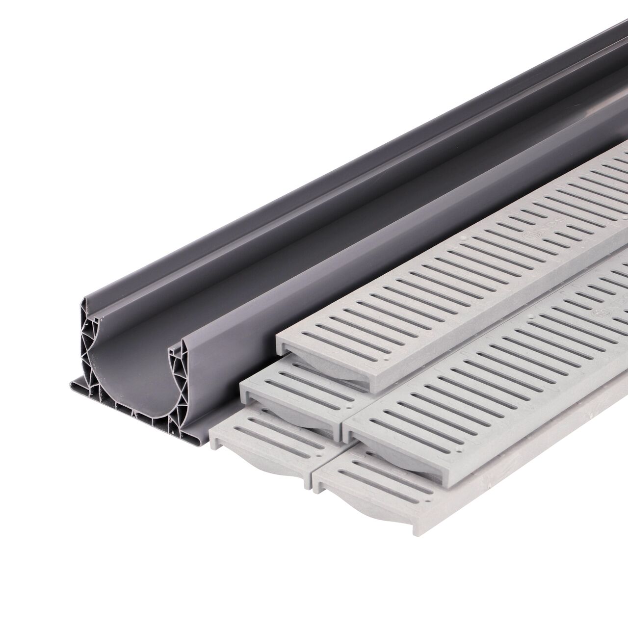 Unassembled view of the NDS pee-D® Channel Drain Assembly with Channel & Prefastened Gray Plastic Grates (NDS 400-10RTL)