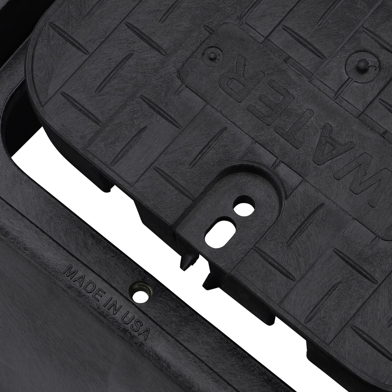 Align the bolt hole on the lid with the bolt hole from the NDS 14 in. X 19 in. Rectangular Standard Series Black Box and Black Water Cover (NDS 113BCDW) for a secure fit
