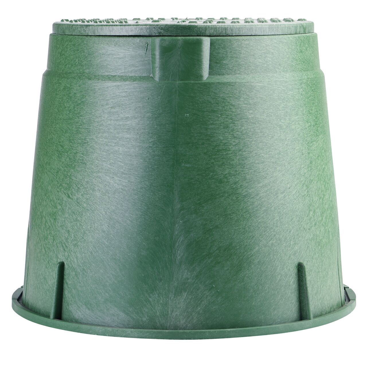 Side view of the non-pipe hole side of the NDS 10 in. Round Standard Series Valve Box & Irrigation Control Valve Cover (NDS 112BC) which is engineered for superior strength with structural reinforcing ribs