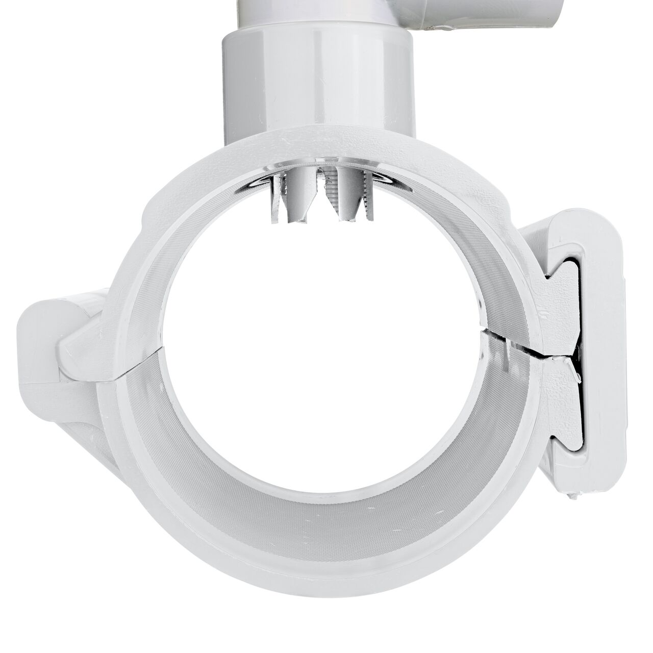 Turn the built-in saw tooth cutter clockwise to cut pipe opening on the 4 in. NDS Flo-Tap™ Rigid PVC saddle with 1-1/2 in. socket or 2 in. spigot (NDS 3240), then solvent-weld new line, turn counter-clockwise to remove cutter and debris, and replace cap to prevent leaking