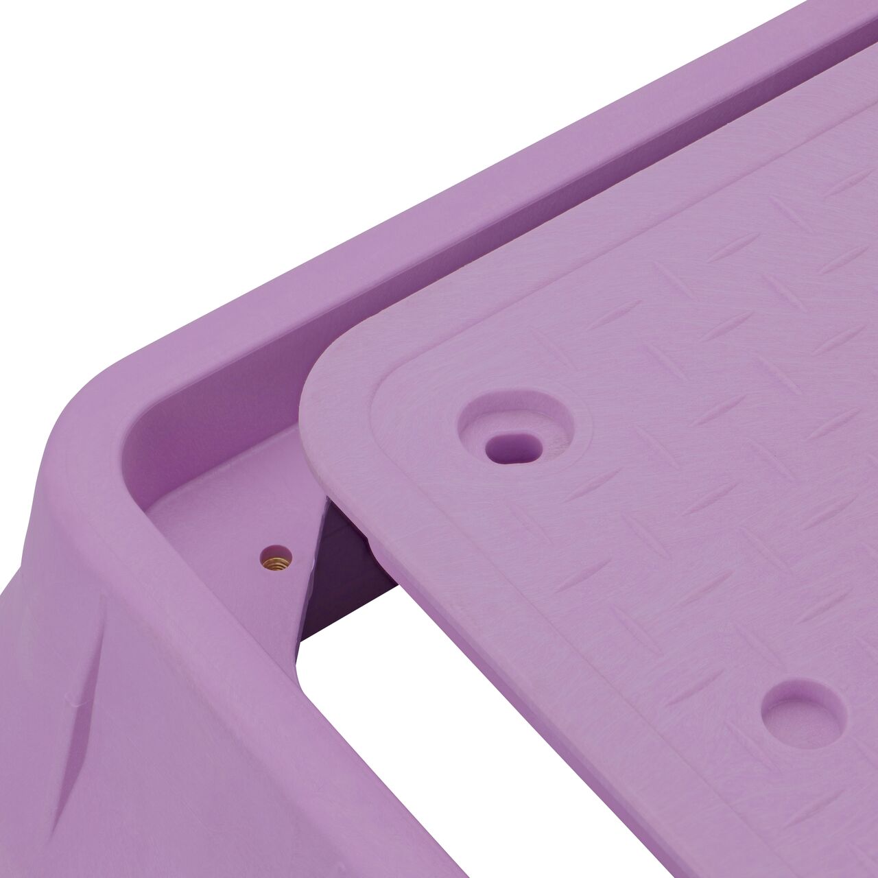 Align the bolt hole on the lid with the bolt hole from the NDS 13 in. X 24 in. Rectangular Pro-Spec® Series Purple Box and Purple Reclaimed Water Cover (NDS 322PBCBR) for a secure fit