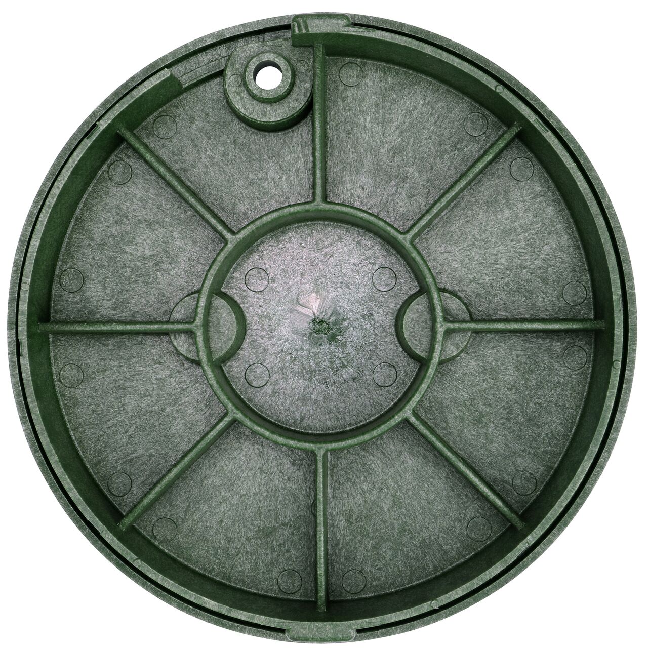 Top down view of the underside of the green water cover for the NDS 10 in. Round Standard Series (NDS 111CW) valve box showing reinforcing ribs that help support pedestrian and lawn care equipment