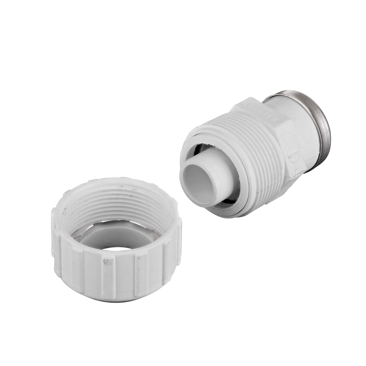 Unassembled NDS 1 in. SIDIR-7 FPT X 1 in. PE TS Flo-Lock™ Gripper Coupling for PE Pipe showing where the two ends come apart to secure the adapter to the pipe (NDS 831-10)