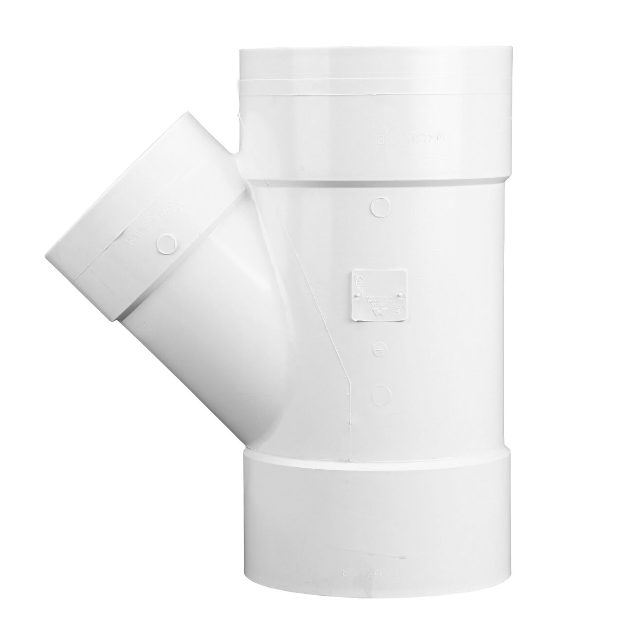 Side View of the NDS PVC 45 degree wye for 8 in. and 6 in. Sewer and Drain pipes, with 8 in. Hub X Hub X 6 in. Hub connection (NDS 86P08) showing the wye connection point and how it is connected to the drain fitting