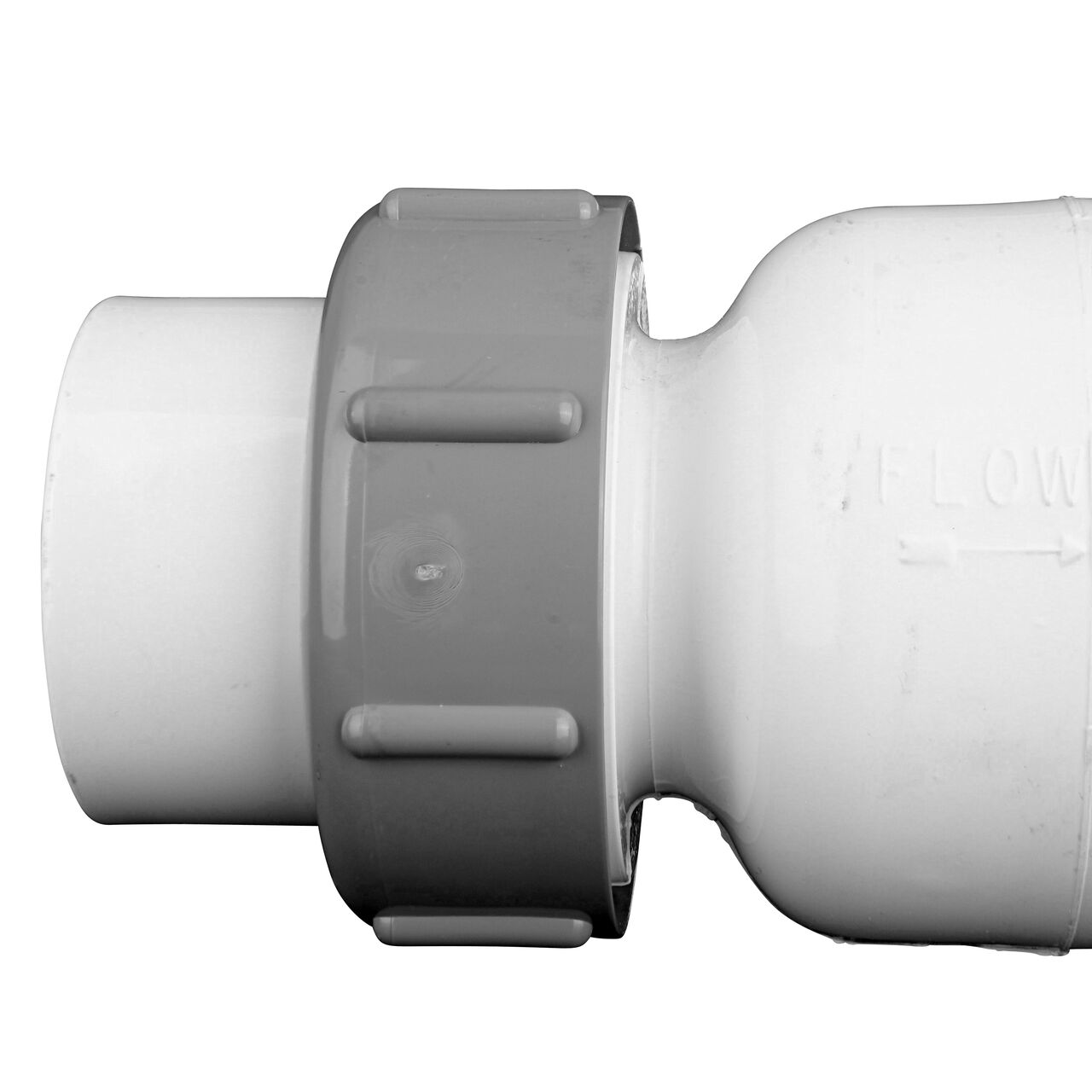 Closeup of one end and the arrow showing water flow of the NDS White 1-1/2 in. slip end by slip end PVC True Union Spring Check Valve with 1/2 lb. Spring (NDS 1700-15)