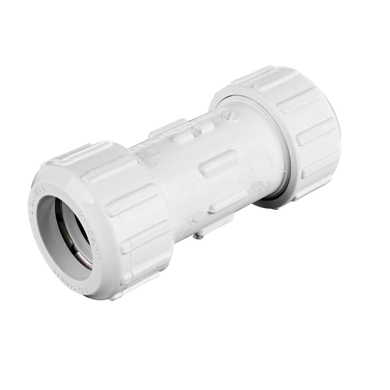 The 1 1/2 inch compression end of the NDS Flo-Lock Gripper Reducer Coupling (NDS 710-15) which includes a 1 1/2 inch compression end for SDR-9 CTS pipe and and a 1 1/4 inch compression end that connects to PE TS pipe (NDS 710-15)