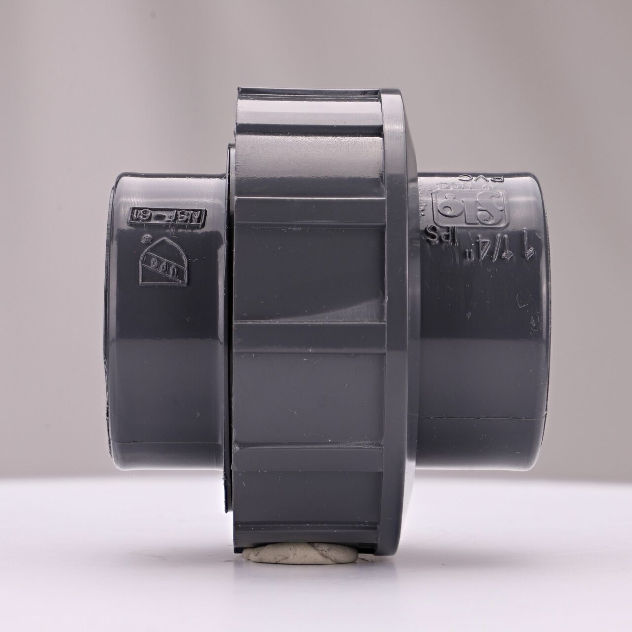 Side view of the NDS 1-1/4 in. PVC Union (NDS U-1250-S) shows both slip ends and a pull-apart feature to quickly disconnect from pipes