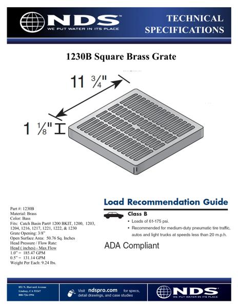 NDS 12 in. Square Catch Basin Drain Grate Brass Tech Spec