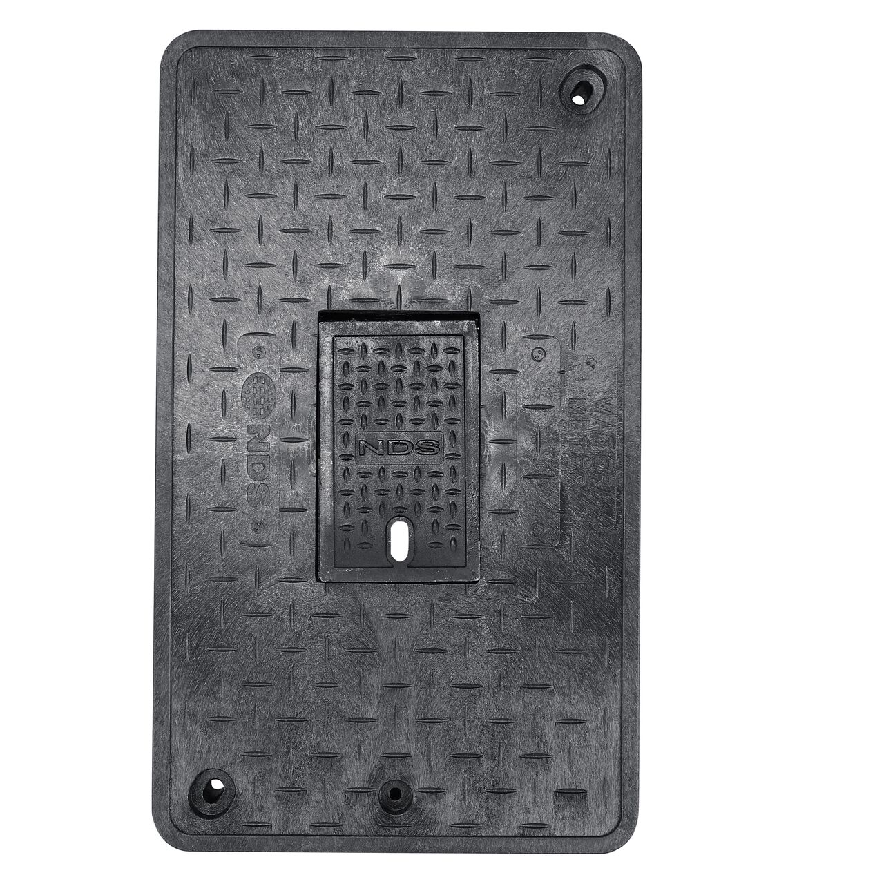 Top down view of the top side of the Black Water Meter cover for the NDS 13 in. X 24 in. Rectangular Standard Series Meter Box (NDS 125BCDMCIFB) showing the Black Water Meter markings and Plastic reader door with Bolt