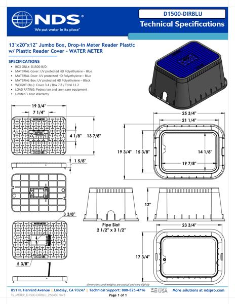 NDS 13 in. X 20 in. Rectangular D1500 Meter Box Drop-in Cover, Blue Water Meter with Plastic Reader Tech Spec