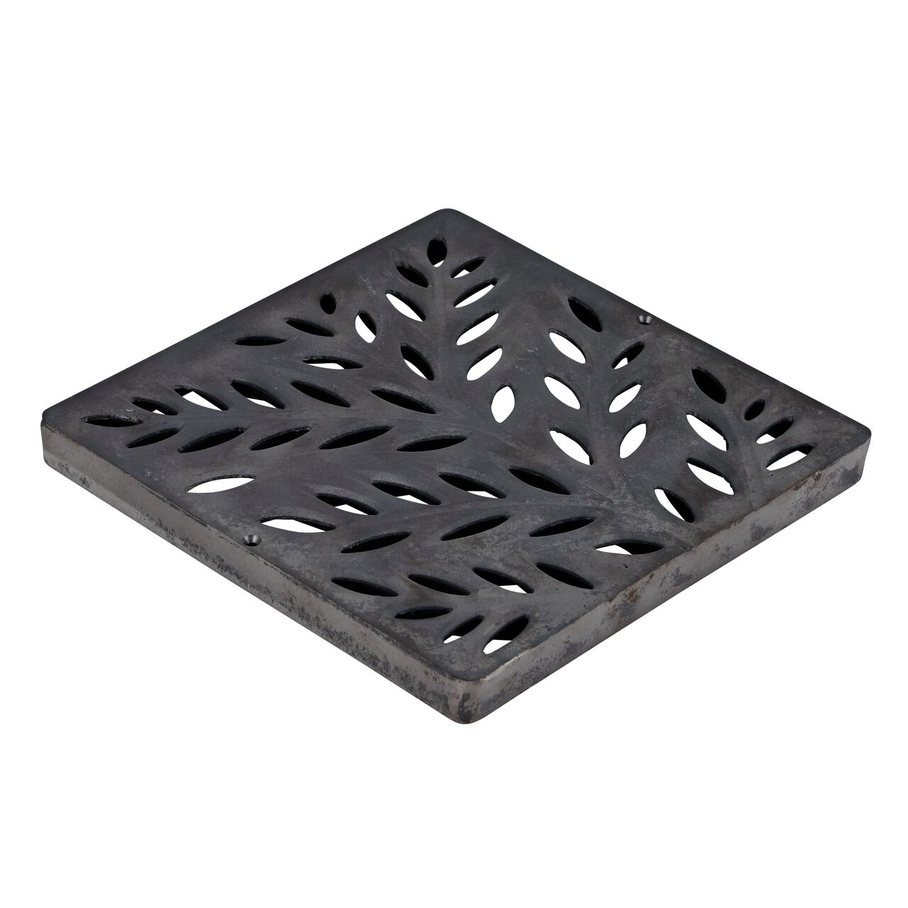 Hero shot of the NDS 12 in. cast iron square catch basin grate in a decorative botanical design (NDS 1218CI)