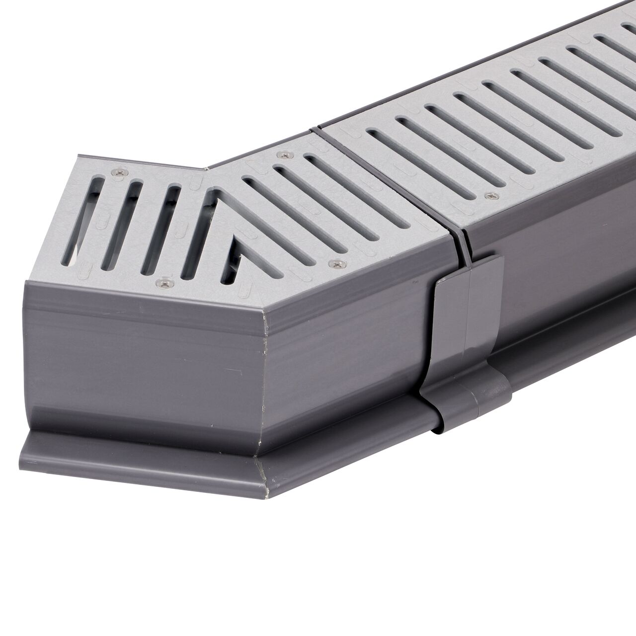 Connect the other end of the gray NDS Spee-D® Channel Drain and Grate with 45° Elbow (NDS 2301) to a Spee-D® Channel Drain and Grate (NDS 241) with the Spee-D® Channel Drain Coupling (NDS 248) to make a bend in your channel drain system