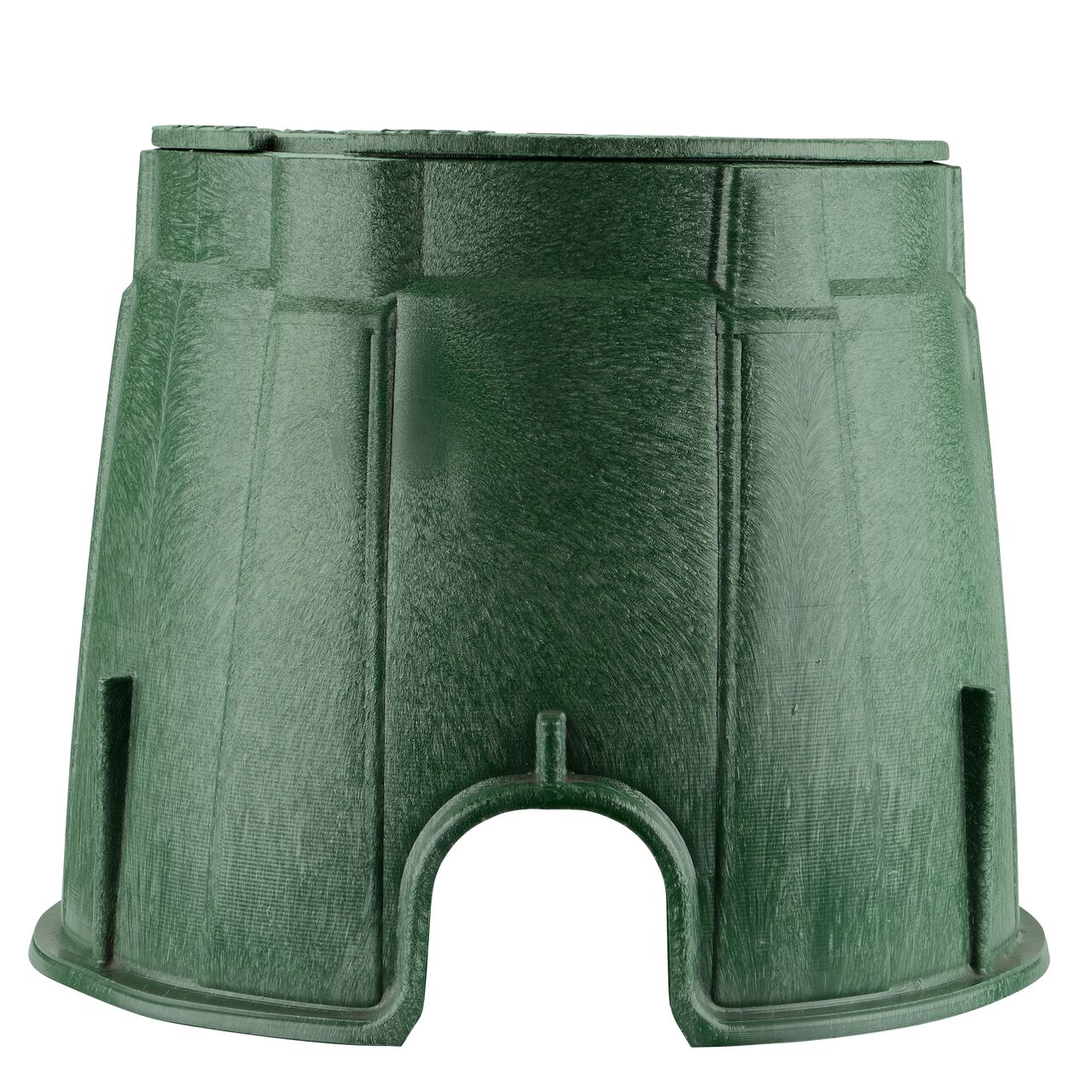 Side view of the pipe hole side of the NDS 10 in. Round Pro-Spec® Series Valve Box & Water Cover (NDS 312BCW) rugged enclosure for water and irrigation pipe connections
