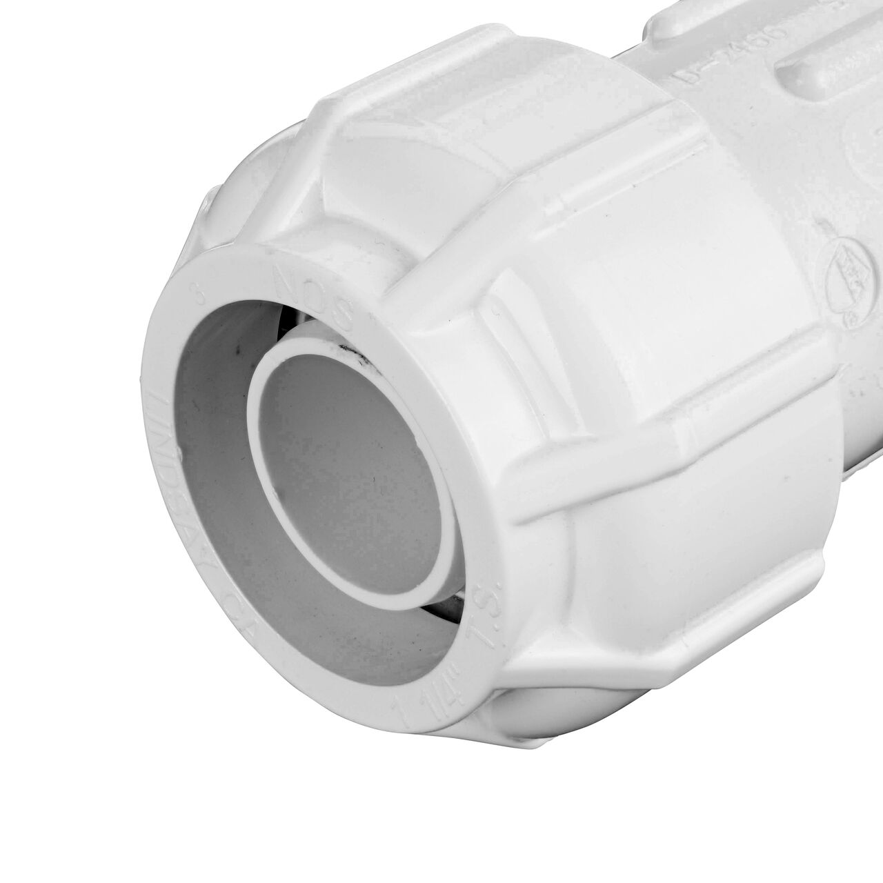 Closeup of the inlet side of the NDS 1 1/4 in. Flo-Lock™ Gripper Coupling (NDS 710-12)
