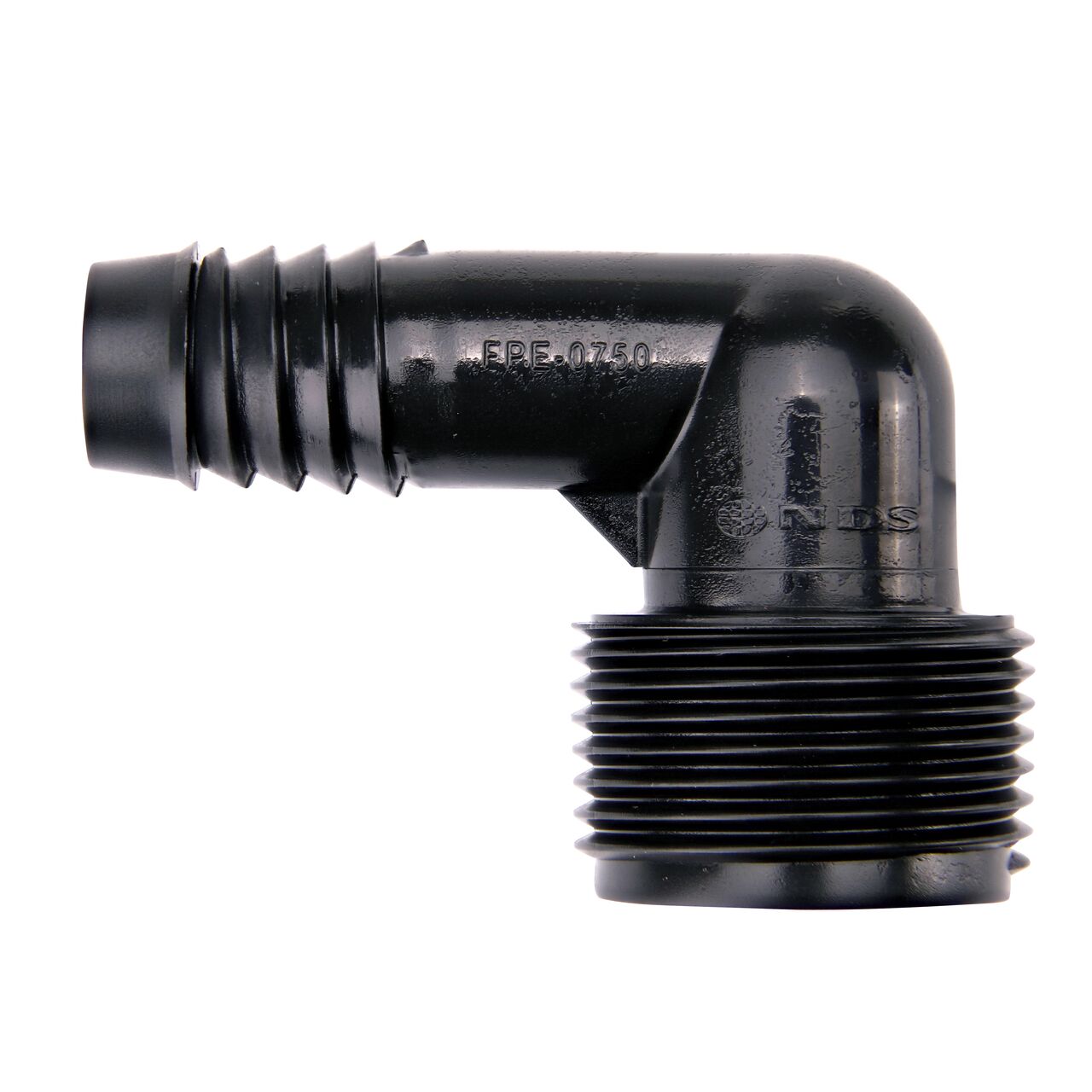 Side view of Spiral Barbed Elbow with one side a 3/4 in. Male NPT and other side is a spiral barbed adapter (FPE-0750)