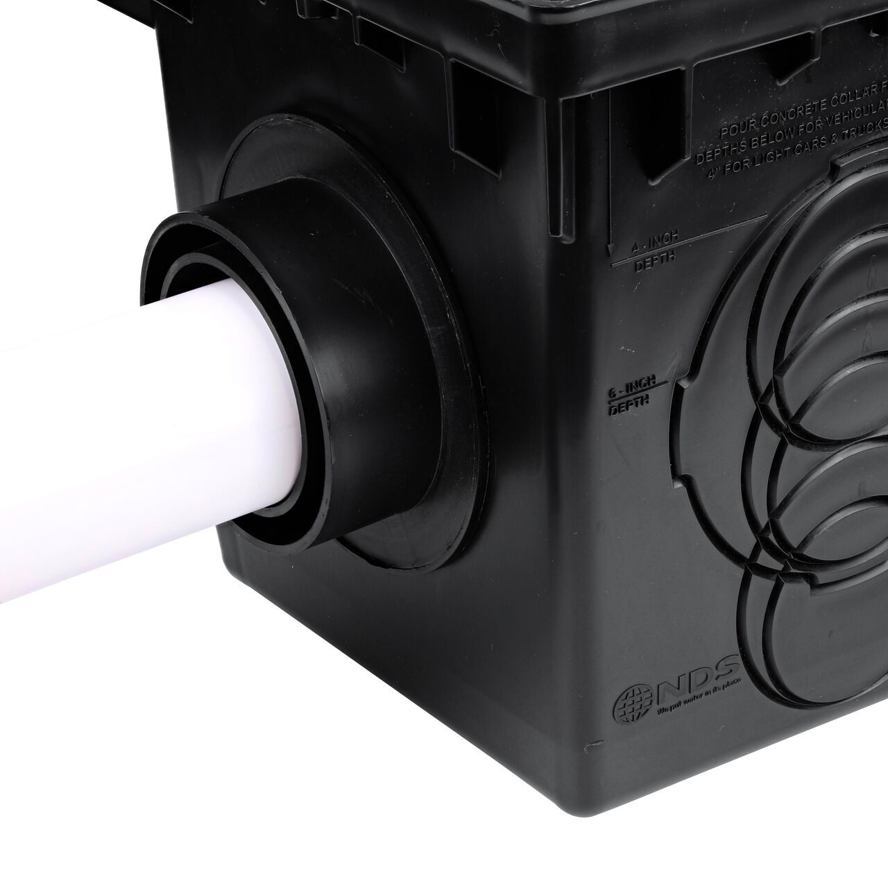 The NDS Internal Spigot Outlet Adapter (NDS 1242) on a 12 in. Catch Basin Drain (NDS 1200) connected to a 3 in. sewer and drain pipe