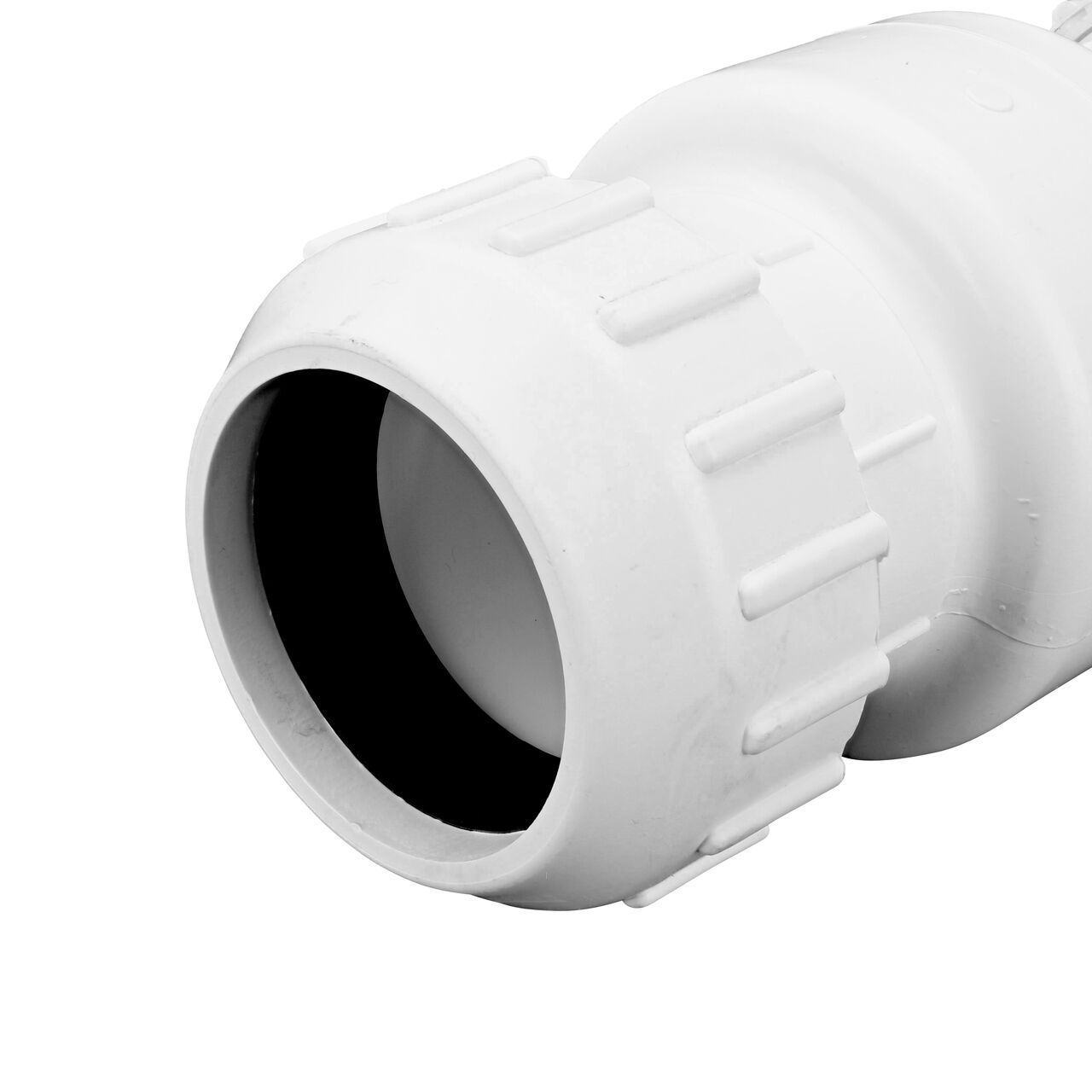 Closeup of the non-sloped inlet compression end of the NDS White 3 in. PVC Compression Swing Check Valve (NDS 1500-30)