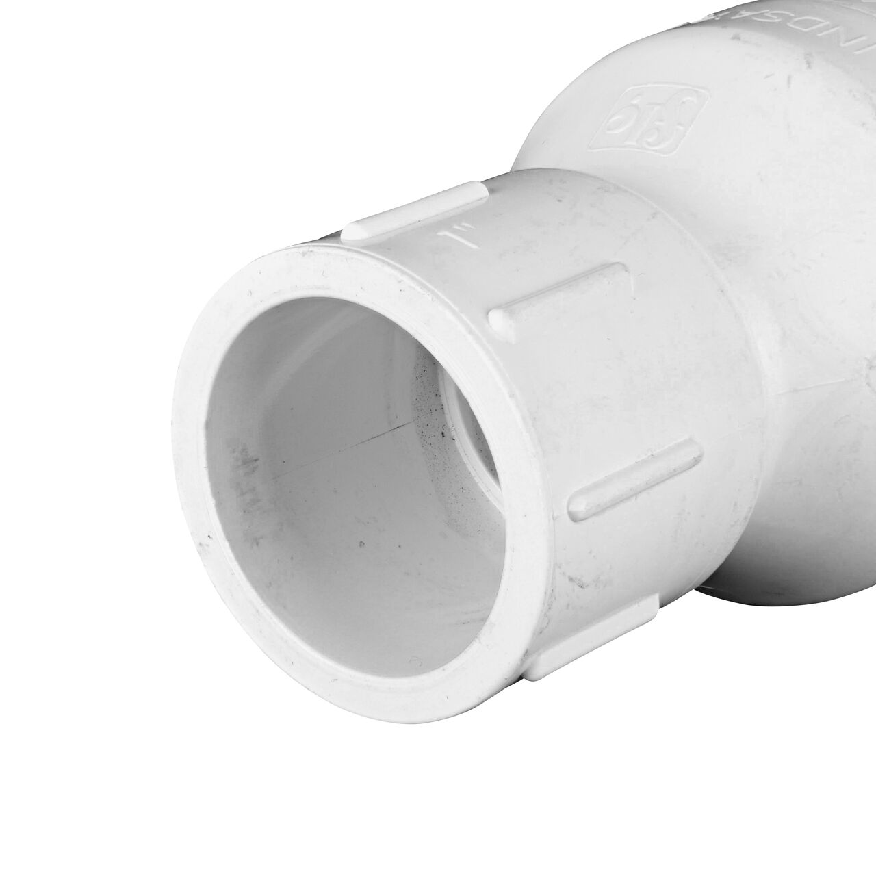 Closeup of the slip end of the NDS White 2 in. IPS Slip by Slip end PVC Adjustable Spring Check Valve with 4-1/4-17 lb. Spring (NDS 1225-10)