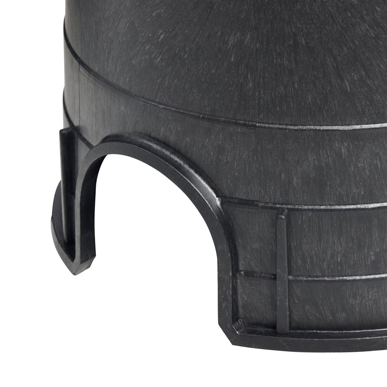 Closeup view of the pipe hole on the NDS black plastic 6 in. Round Standard Series Valve Box (NDS 2017B)