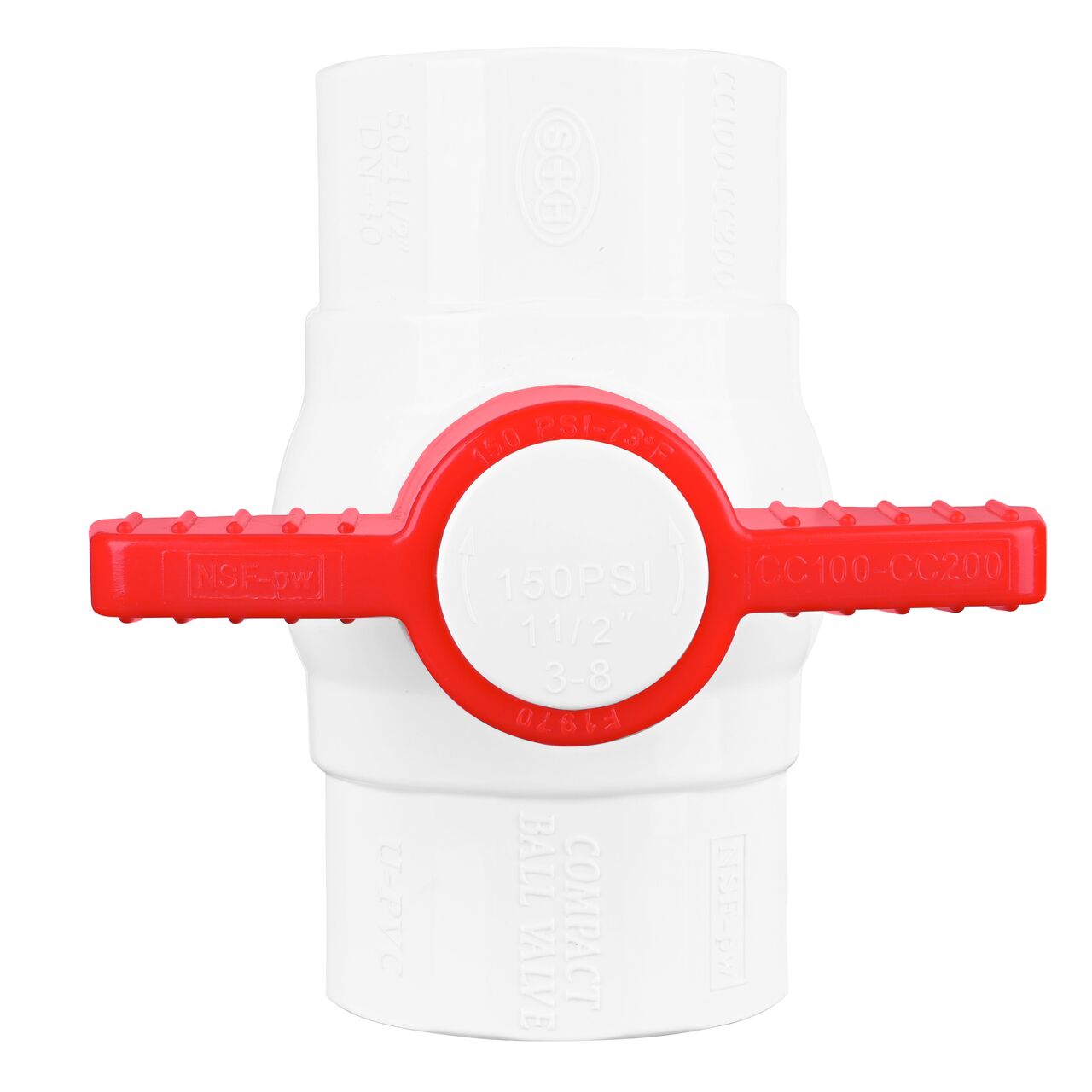 Closeup of the NDS IPS Ball Valve showing that the handle is made of durable PVC material perfect for irrigation or other pressurized system (NDS E1420-15)