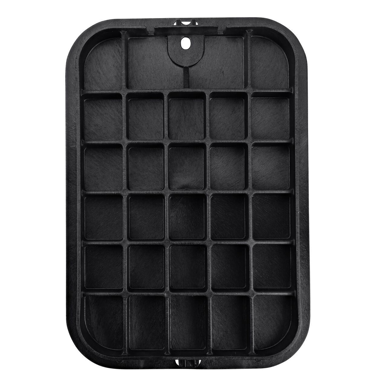 Top down view of the underside side of the Black Reclaimed Water cover (NDS 313BCBRBLK) for the NDS 14 in. X 19 in. Rectangular Pro-Spec® Series valve box, showing reinforcing ribs that are load rated to withstand pedestrian traffic and the rigors of lawn care equipment