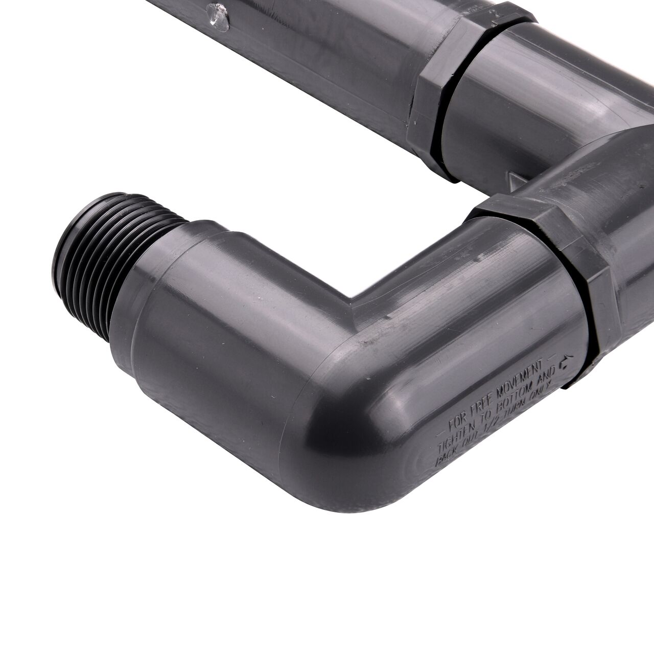 Closeup view of the 3/4 in. MPT end on NDS PVC Triple Swing Joints Assembly, Sch. 80 3/4 in. spigot X 3/4 in. MPT that connects pipe for subsurface irrigation and sprinkler applications (NDS TSA-0750-ST)