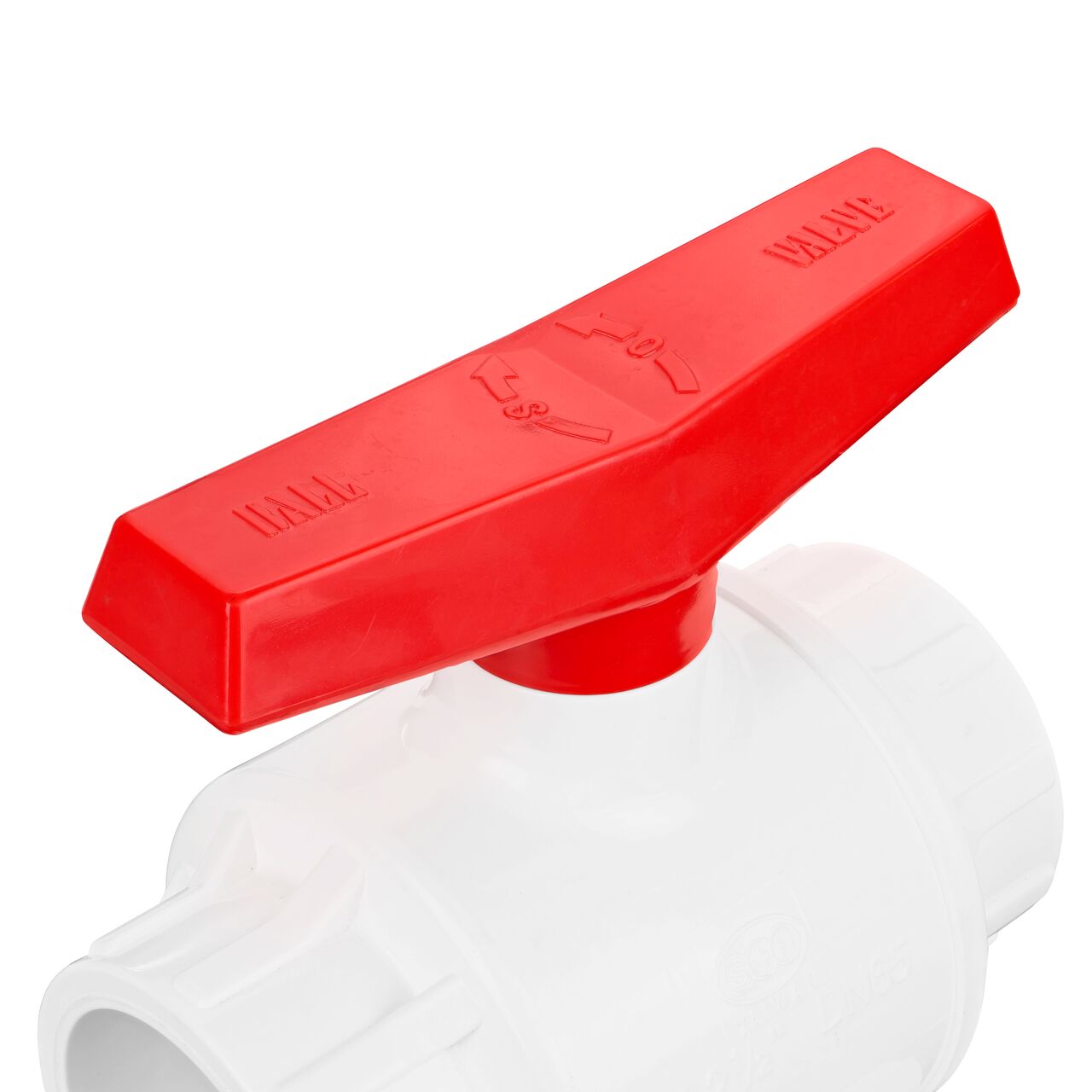 Closeup of the NDS IPS Ball Valve showing the handle that rotates two ways to control water flow (NDS E1410-25)