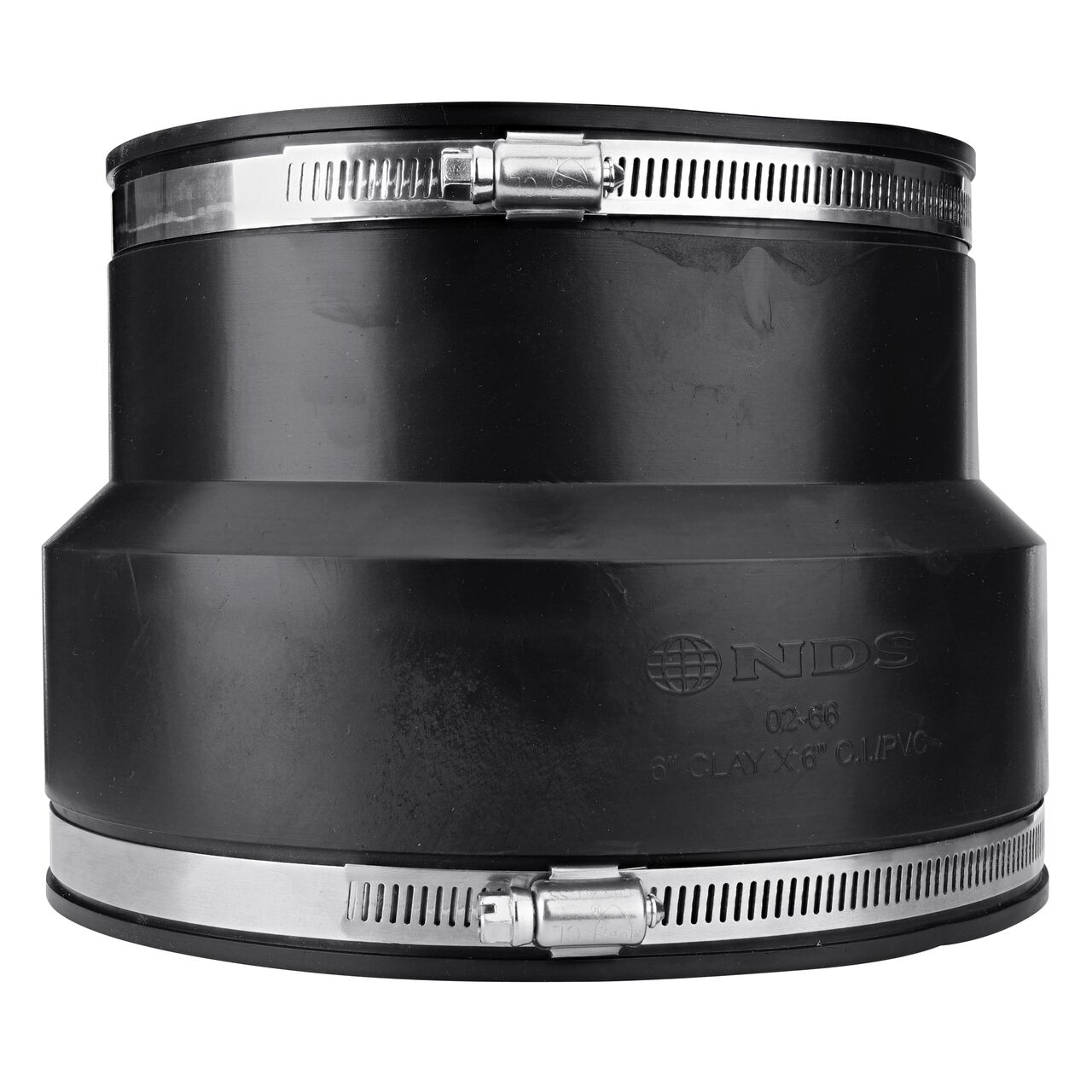 The NDS 6 in. flex coupling, in vertical position, connects clay pipe to cast iron/plastic pipe and provides leak-resistant seals with virtually any pipe (NDS 02-66)