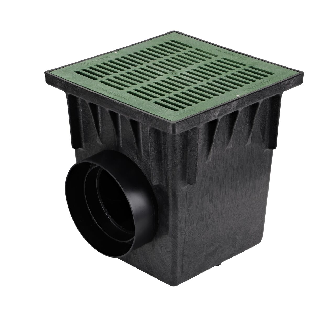 Plastic 18 in. Catch Basin Drain Kit (NDS 1882GRKIT) with a green grate (NDS 1812) and adapters (NDS 1888, NDS 1266) that connects to 6 in. and 8 in. drainage pipes