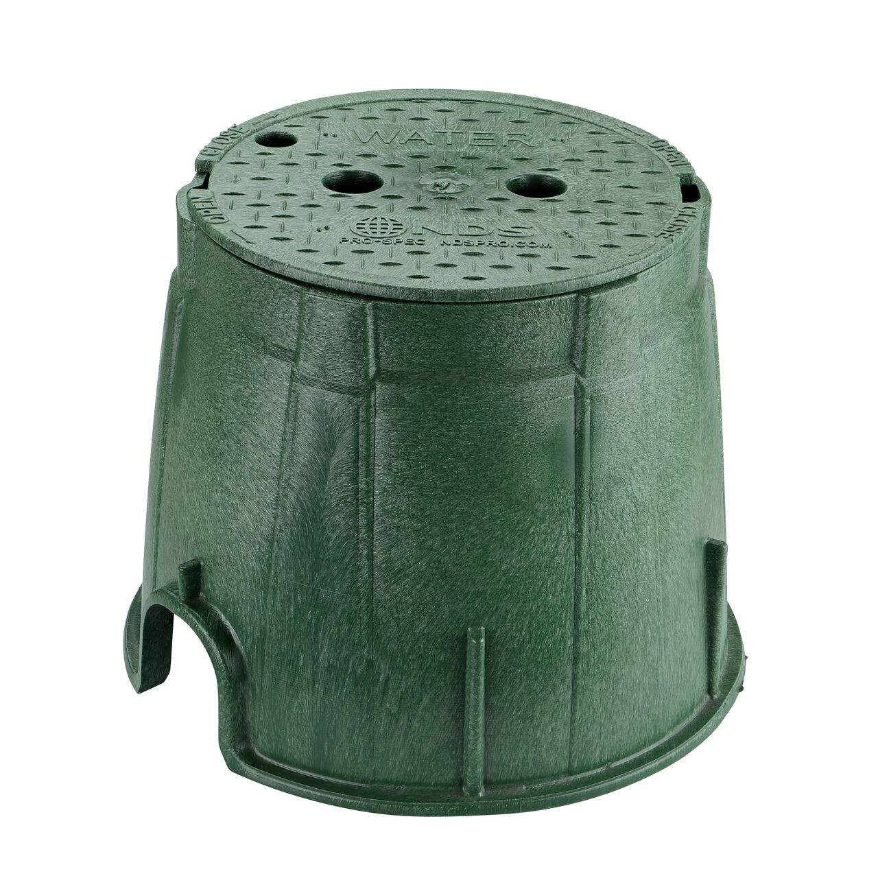The NDS 10 in. Round Pro-Spec® Series Valve Box and Cover is a 10 in. high Green Box and Green Cover with Water markings on the lid (NDS 312BCW) protect underground irrigation and sprinkler system components and keep them out of sight
