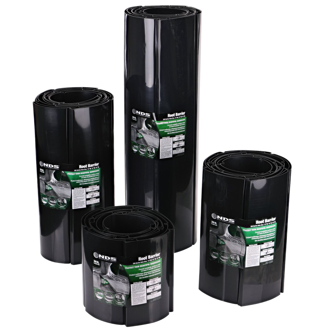 The 20 foot long NDS Root Barrier Rolls come in four depths; 36 in., 24 In., 18 in., and 12 in. (NDS SM-1220, NDS SM-1820, NDS SM-2420, NDS SM-3620)