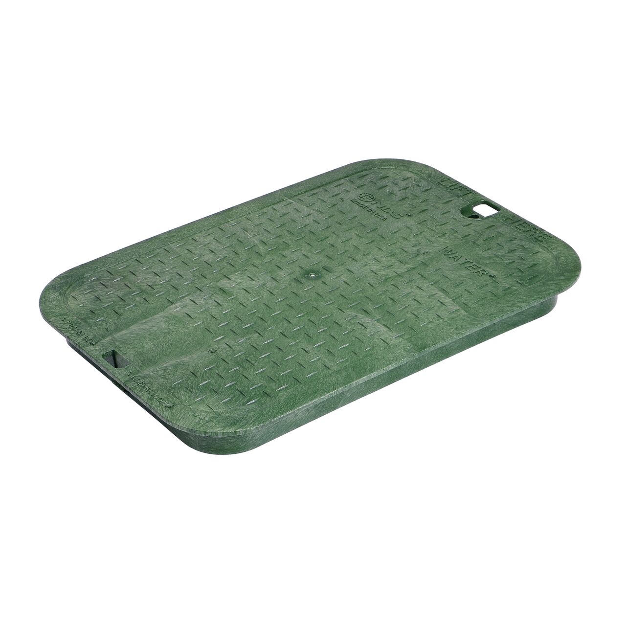 This NDS 13 in. X 20 in. Rectangular Pro-Spec® Series Jumbo Valve Box Cover is a Green Cover with Water markings on the lid (NDS 318CW) and fits NDS Pro-Spec® series 13 in. X 20 in. valve boxes