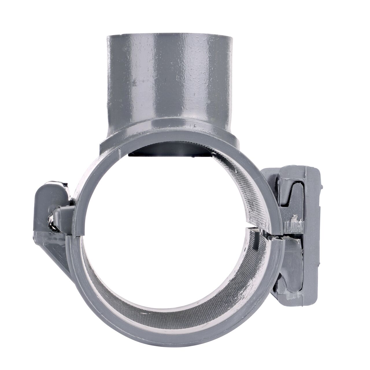 Front-facing view of the NDS Clamp-It™ Rigid PVC Saddle for 2 in. Sch. 40 and Sch. 80 PE pipe with 1 in. slip on top (NDS 332010P) showing both the wedge and hinge sides