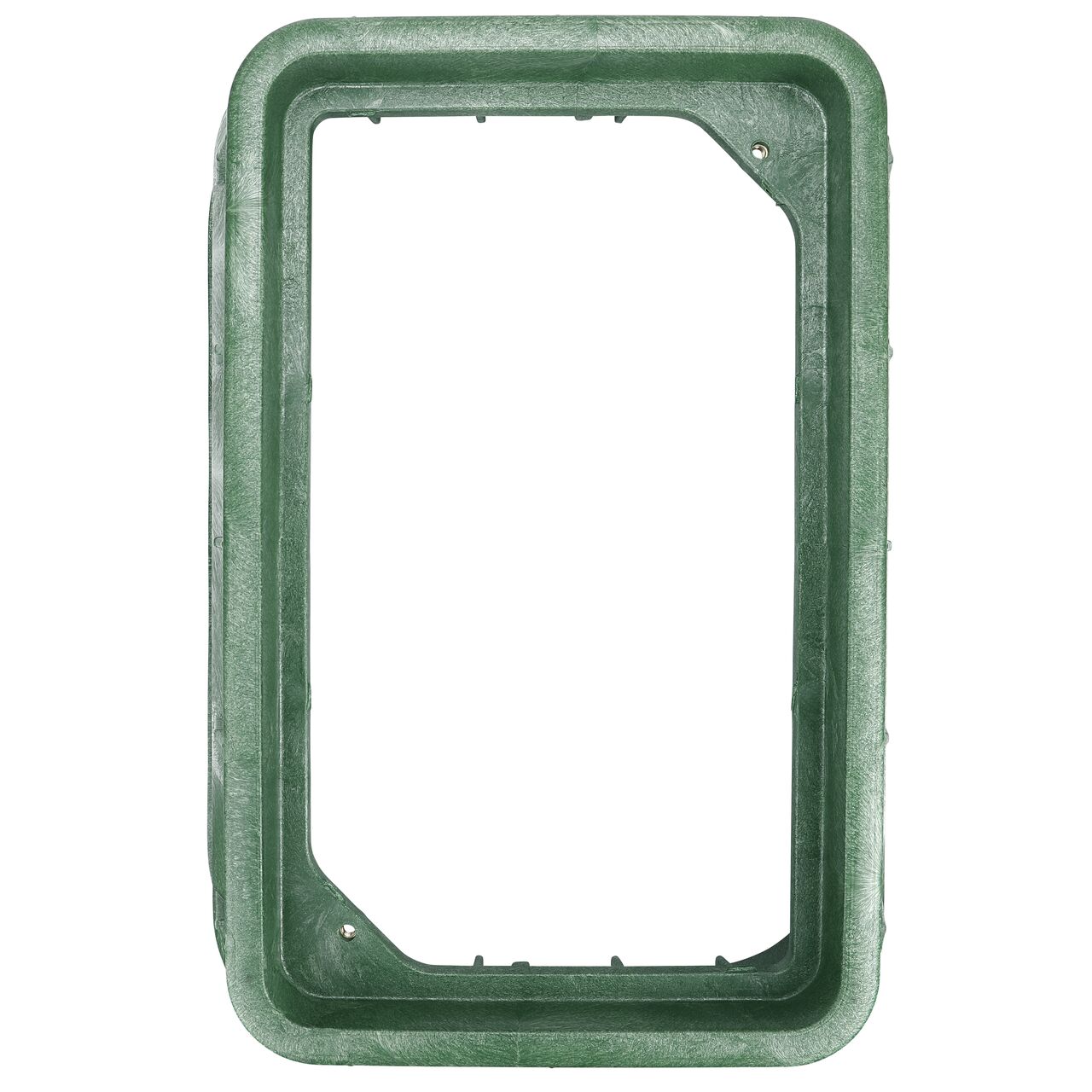 Top down view of the inside of the durable Green plastic 13 in. X 24 in. Rectangular Pro-Spec® Series Valve Box (NDS 322B) showing bolt hole, and how the valve cover is secured to the valve box