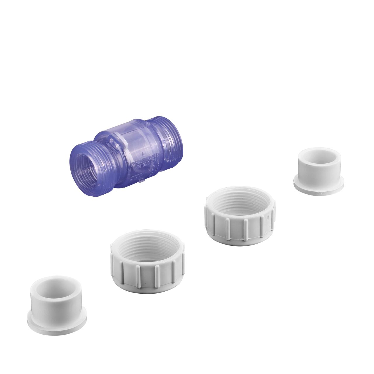 Unassembled view of the NDS Clear 3/4 in. IPS U X U PVC True Union Swing Check Valve (NDS 1720C07) where ends unscrew to remove for maintenance
