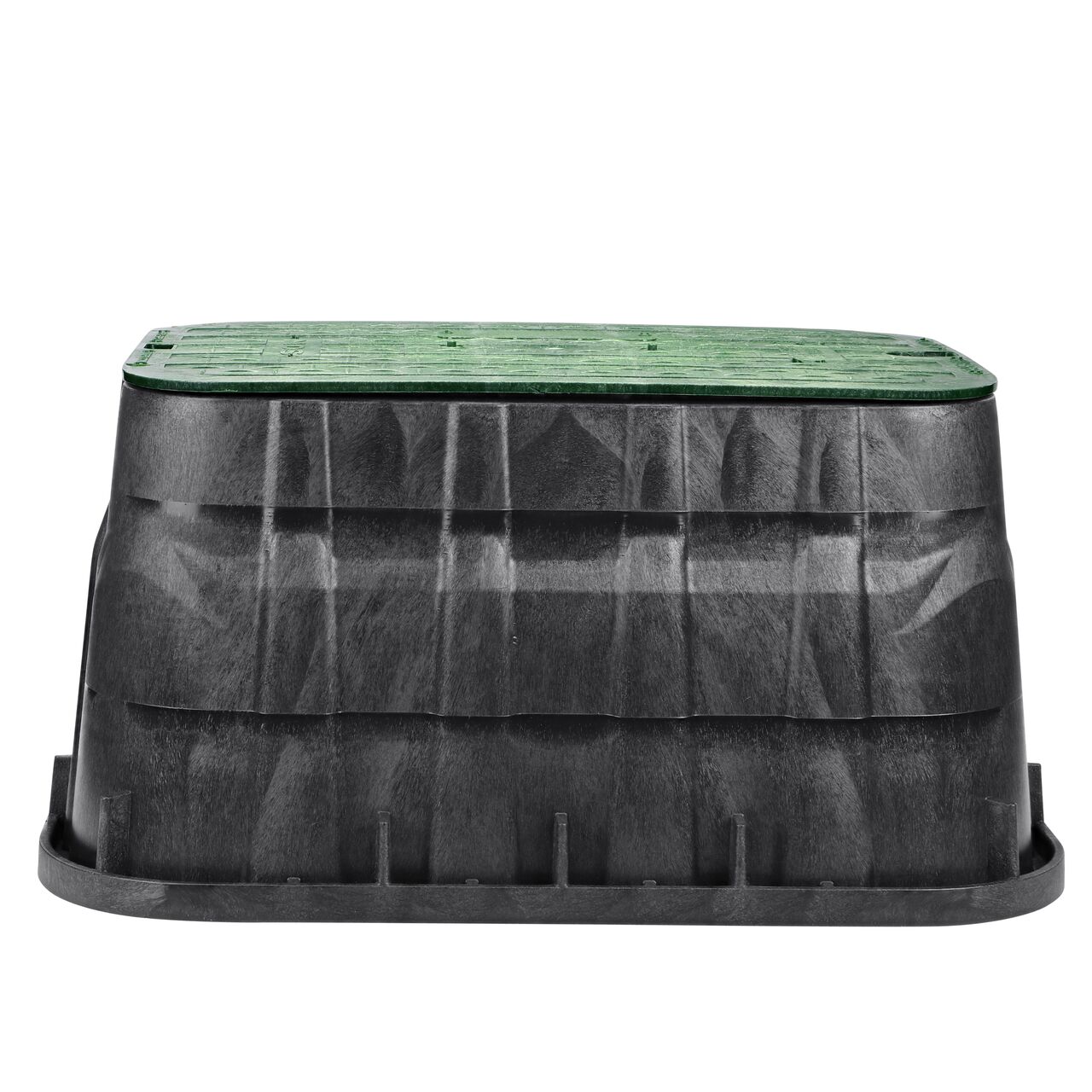 Side view of the longer length side of the NDS 13 in. x 20 in. Rectangular Pro-Spec® Series Jumbo Valve Box & Irrigation Control Valve Cover (NDS 317BCB) which is engineered for superior strength with structural reinforcing ribs