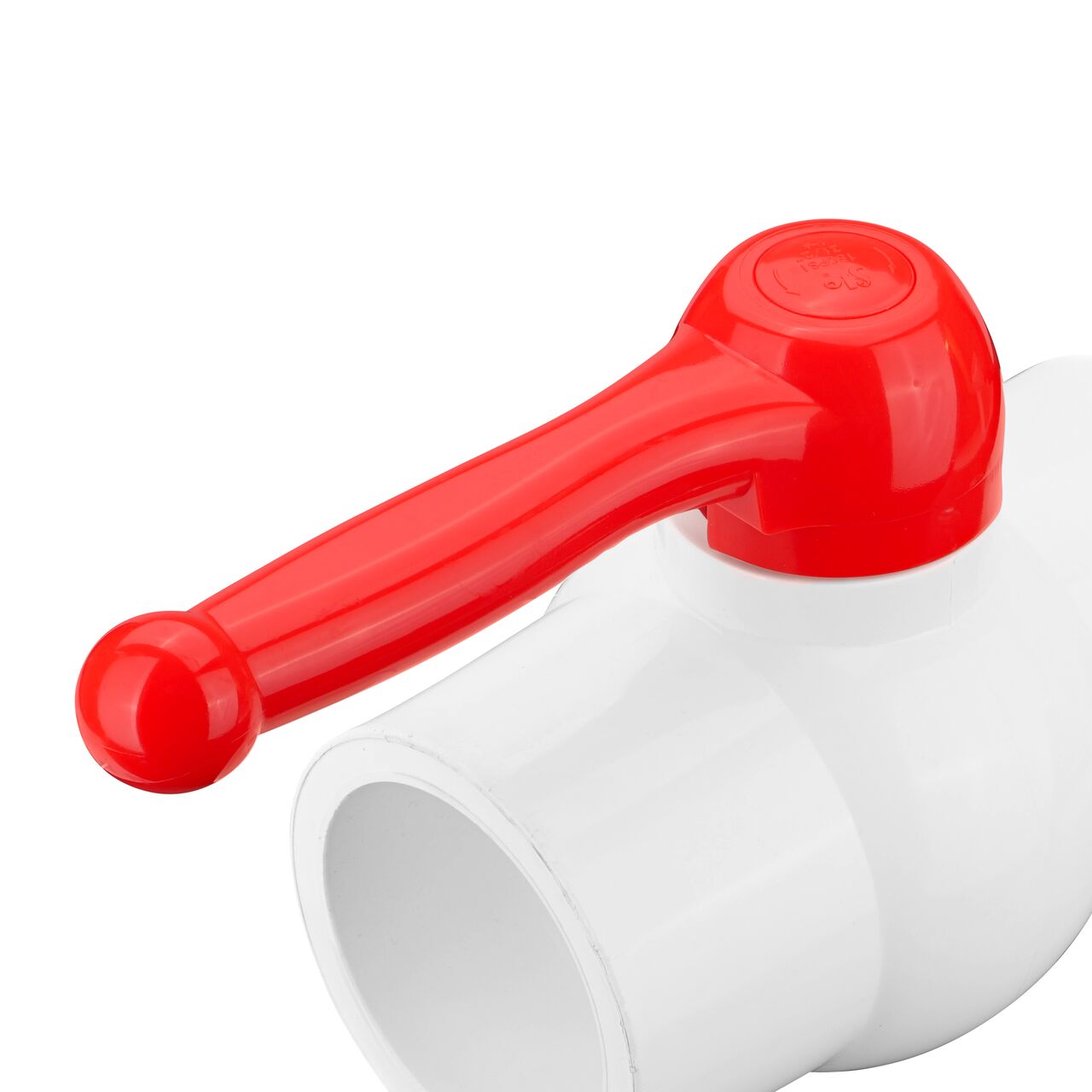 Closeup of the NDS CTS Ball Valve showing the handle that rotates two ways to control water flow (NDS E1310-25)