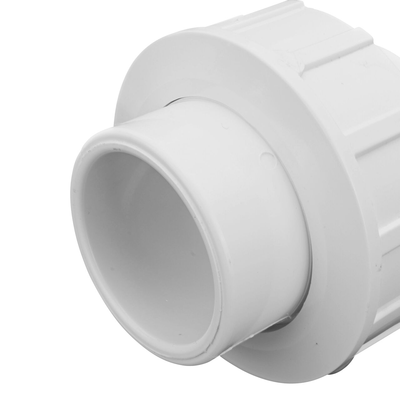 Closeup view of the other slip end on the PVC Union, 1-1/4 in. Sch. 40 S X S (NDS WU-1250-S) which provides a corrosion-free connection between pipes and prevents costly property damage